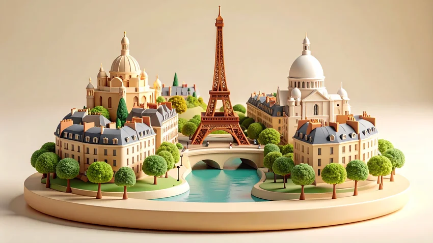 Illustrated miniature of Paris with the Eiffel Tower and the Seine